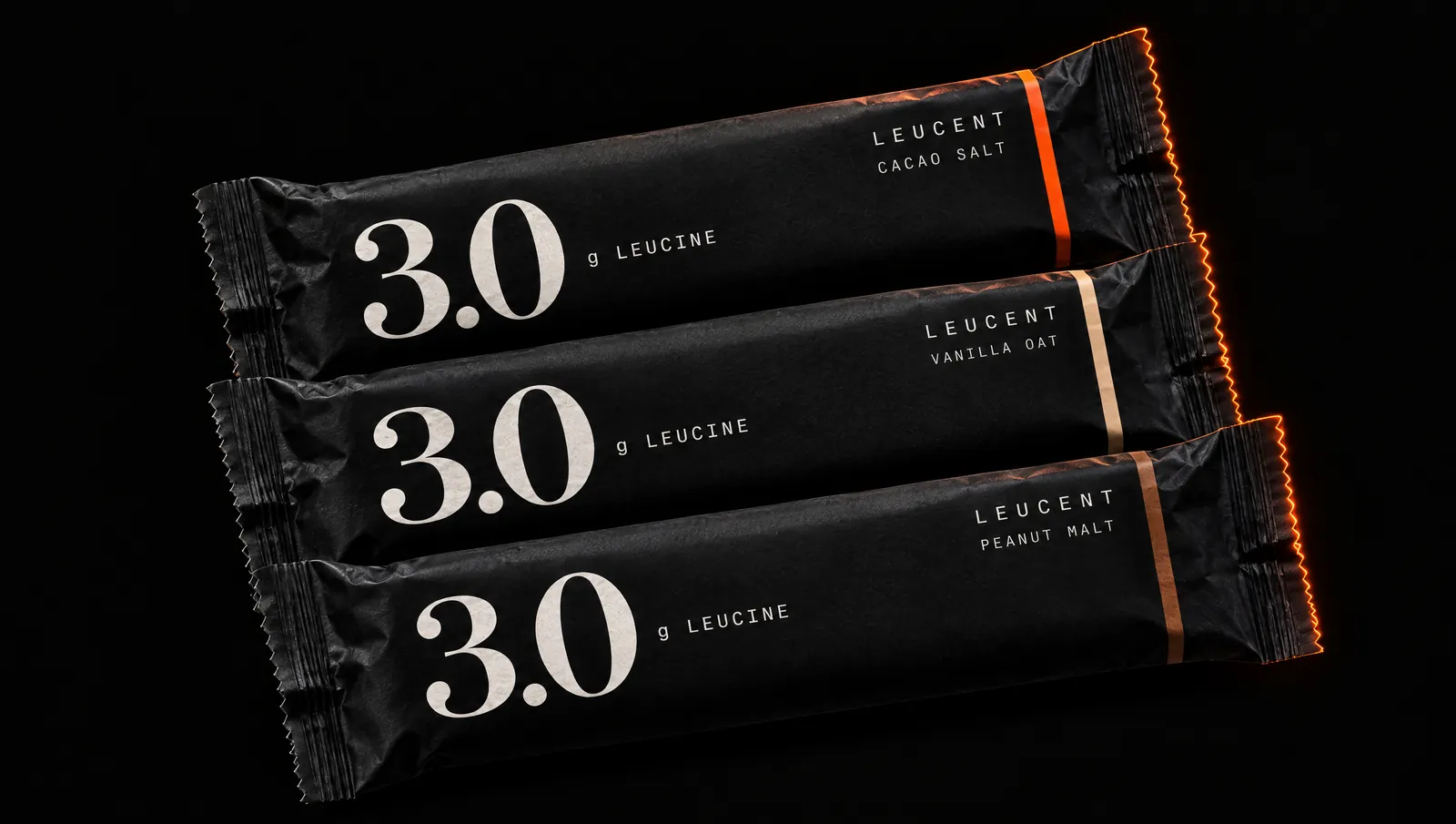 Leucent 3.0 bars in Cacao Salt, Vanilla Oat and Peanut Malt
